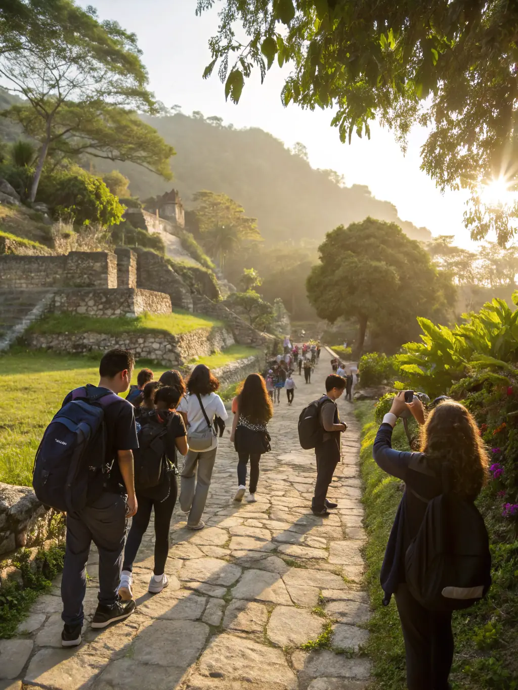 A photograph of a group of students on a guided tour of a historical site, with an archaeologist explaining the significance of the location, promoting educational outreach.