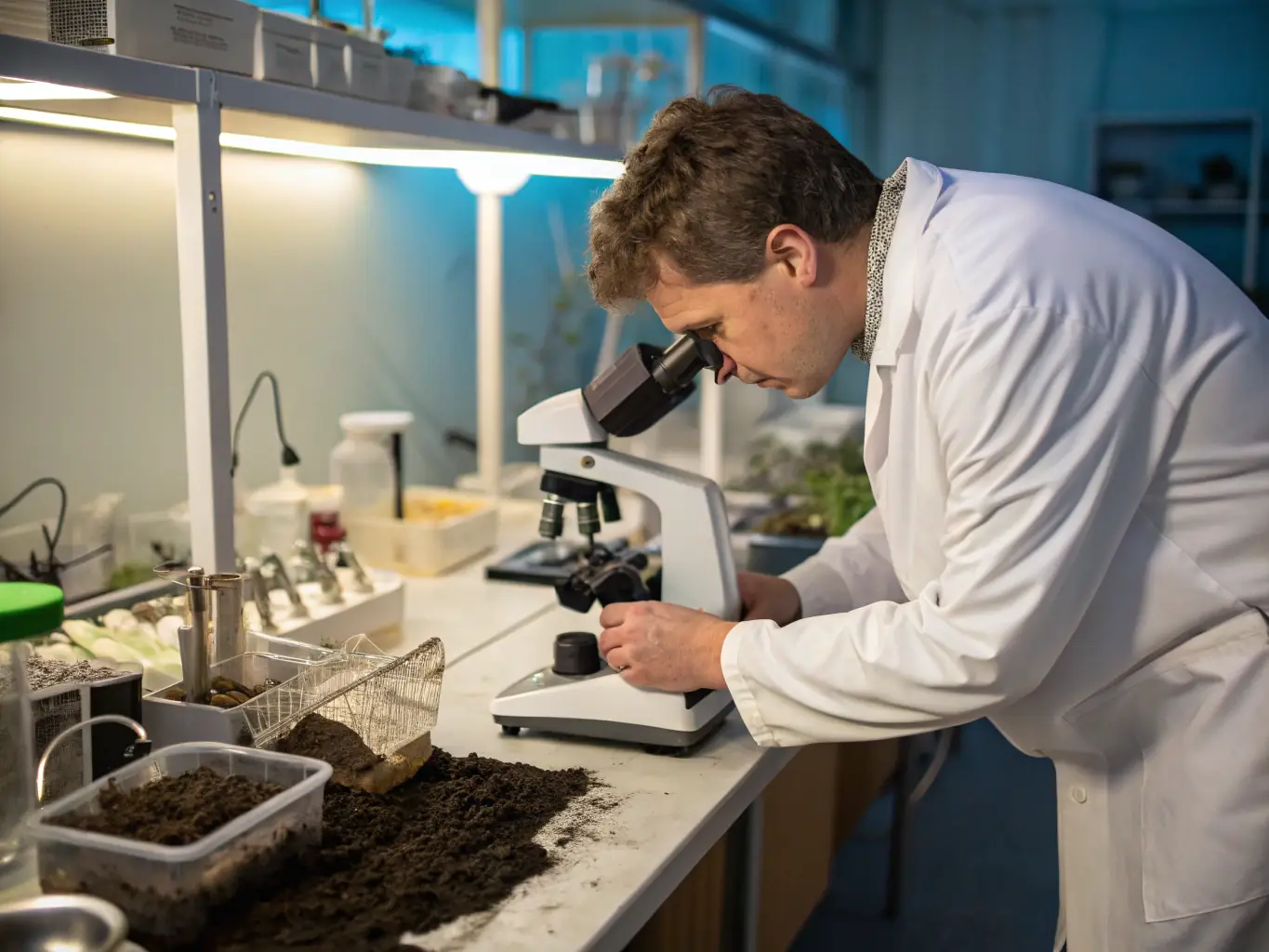 A scientist in a lab coat analyzing soil samples collected from an archaeological site, using advanced scientific equipment to determine the age and composition of the samples.
