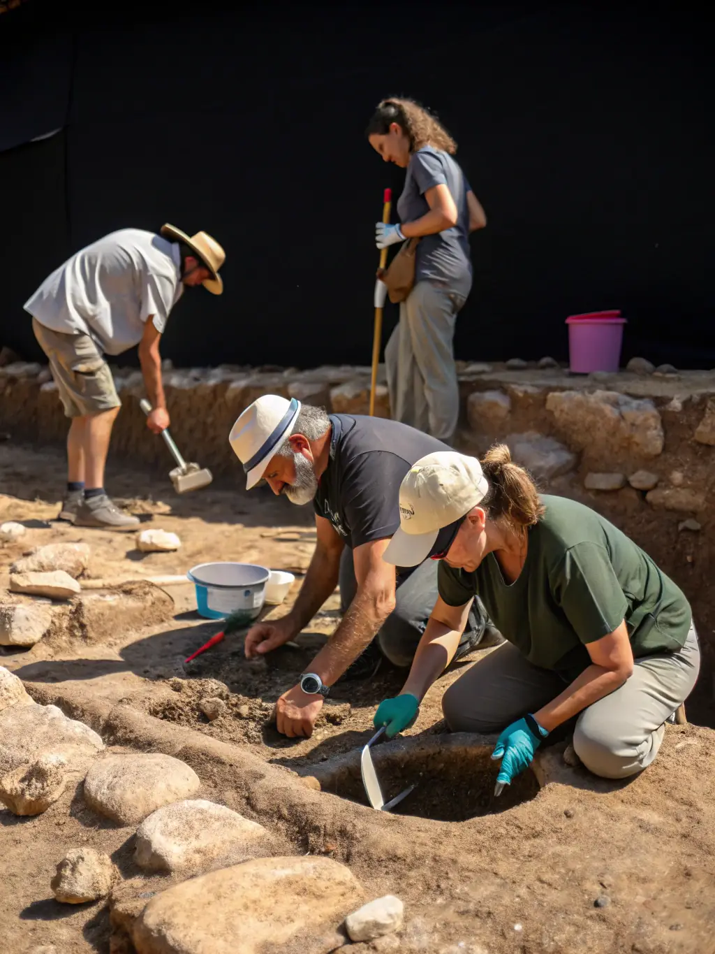 A photograph depicting archaeologists carefully excavating a site in the Creuse region, France, with tools and equipment visible, showcasing the meticulous work involved in uncovering historical artifacts.