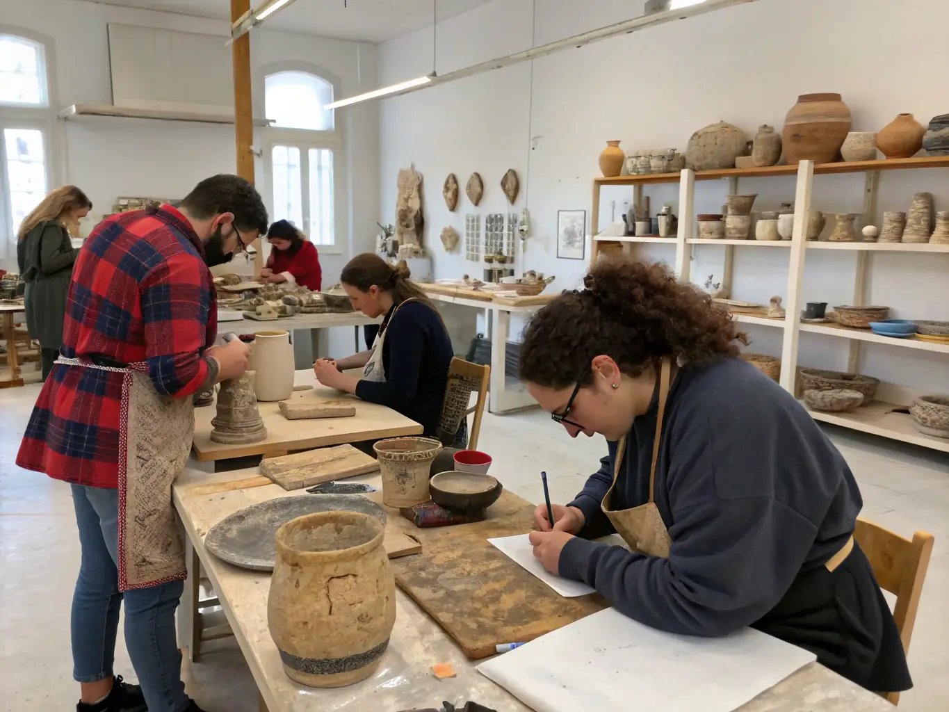 A group of students participating in a historical workshop, learning about ancient pottery techniques and creating their own replicas under the guidance of an experienced instructor.