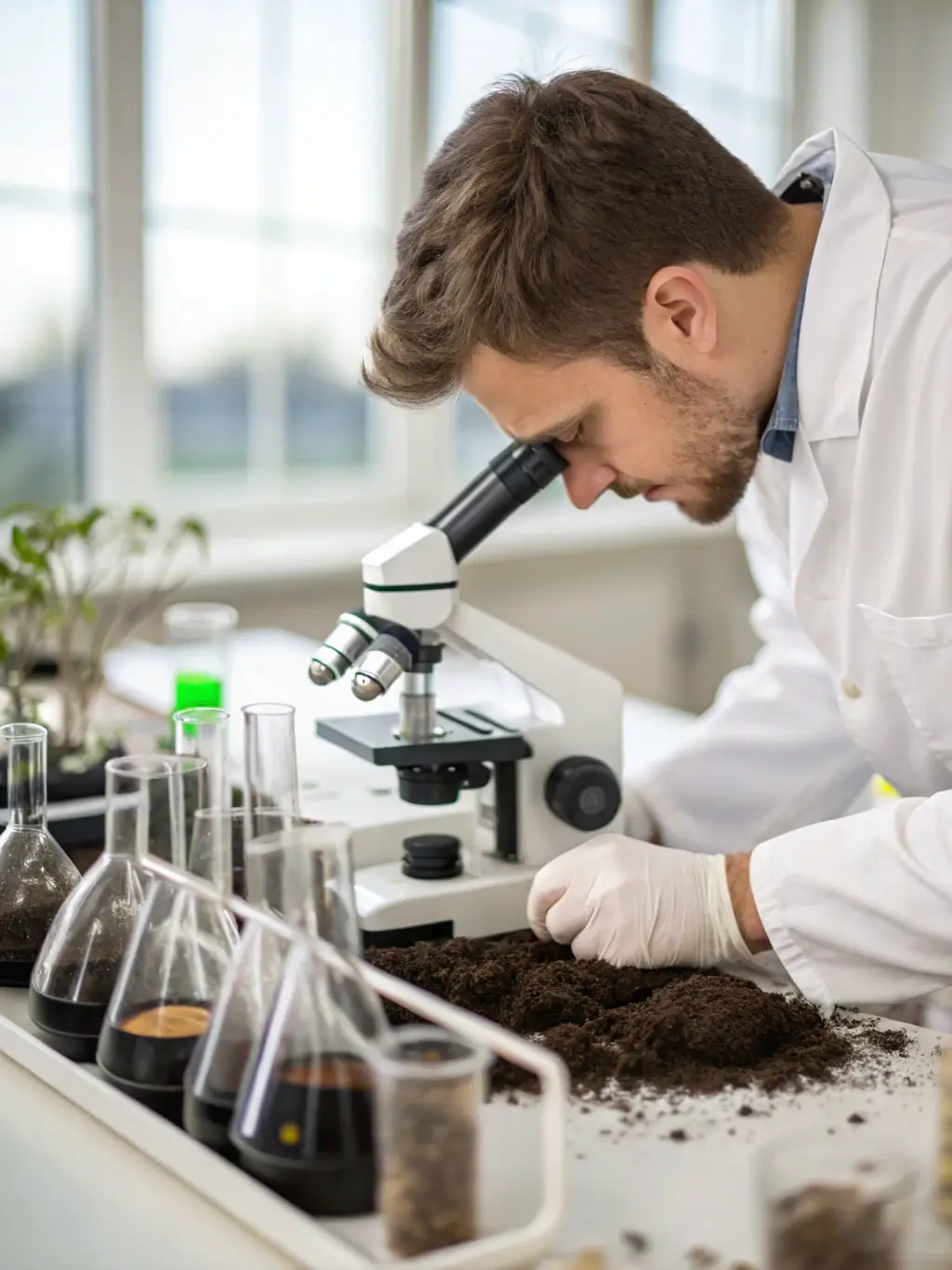A photograph of a scientist analyzing soil samples in a lab, with microscopes and other scientific instruments in the background, highlighting the scientific research aspect of the organization.
