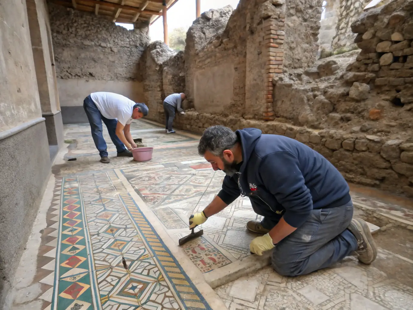 A group of archaeologists carefully excavating an ancient Roman site, meticulously brushing away soil to uncover artifacts, under the supervision of a senior archaeologist.